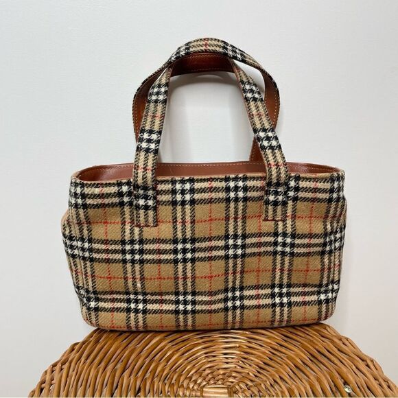 Burberry Wool Vintage Nova Check Signature Plaid Tote Shoulder Bag Purse Tan - Picture 14 of 14